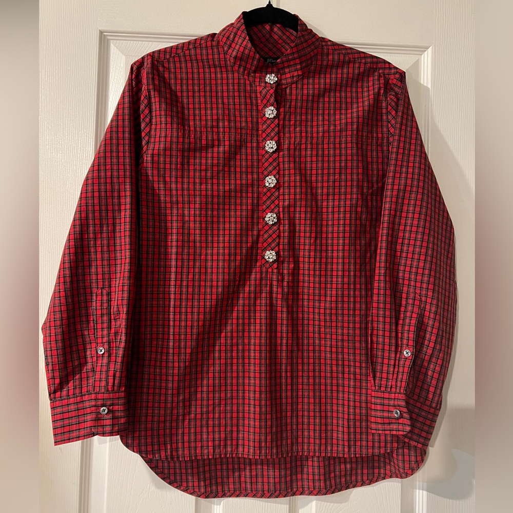 J. Crew Jeweled Button Popover Tunic Red Tartan Plaid Top Blouse Size 6